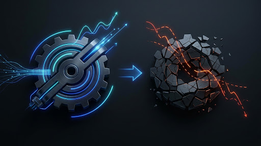 High-end institutional editorial conceptual diagram for Section 4 'Where the Master Craftsman Outcompetes the Corner-Cutter' and operational durability: dark slate obsidian aesthetic, glowing cyan and royal blue telemetry data streams, showing high-precision mechanical craft, durable architectural engineering quality vs fragmented brittle components, pristine minimalist technical aesthetic, subtle financial telemetry curves, award-winning editorial design, no text, clean composition